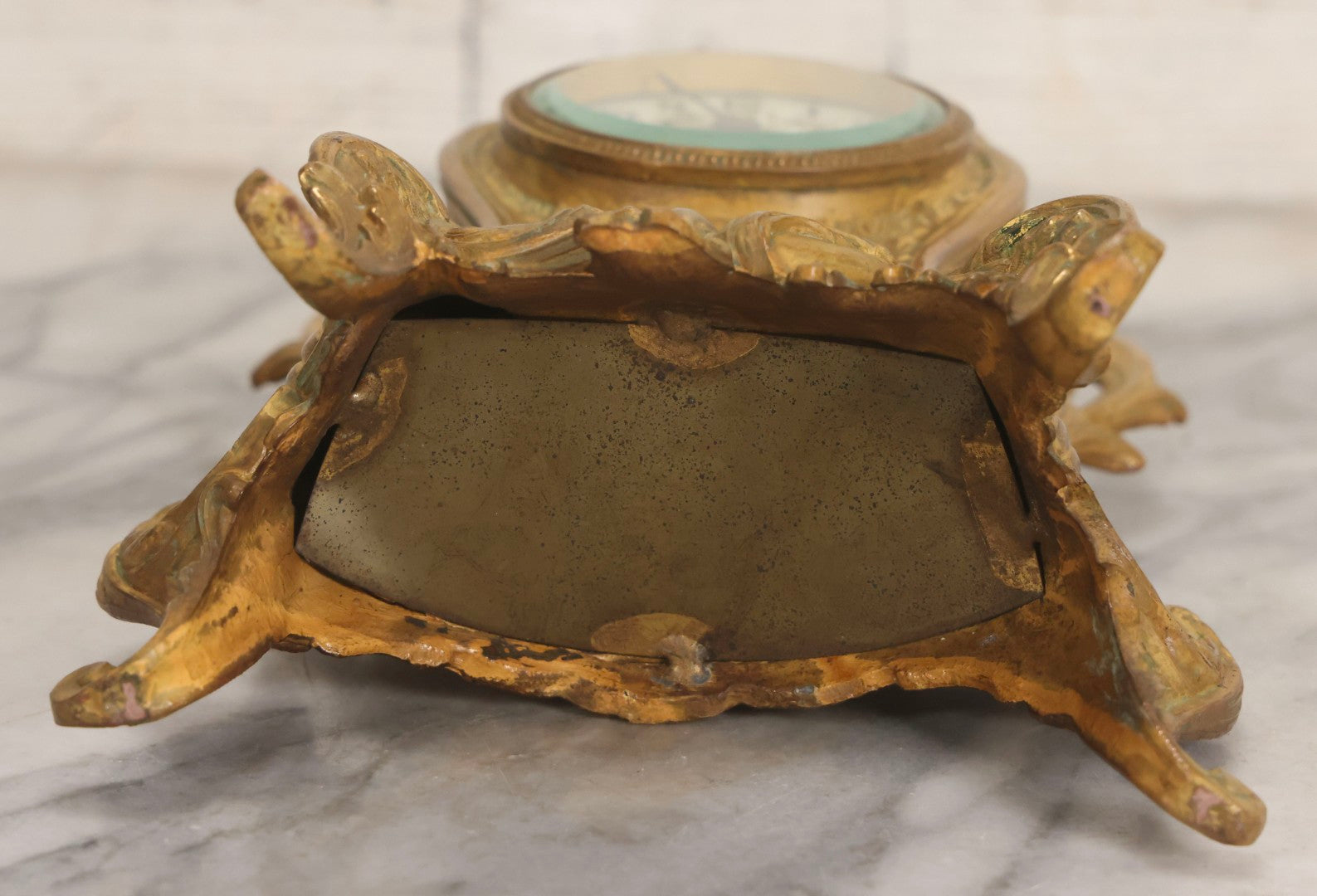 Lot 012 - Antique Waterbury Clock Co. Gold-Painted Spelter Mantel Clock With Hand-Painted Dial And Cupid Scene Panel, Circa 1890s Working Condition, 11" H