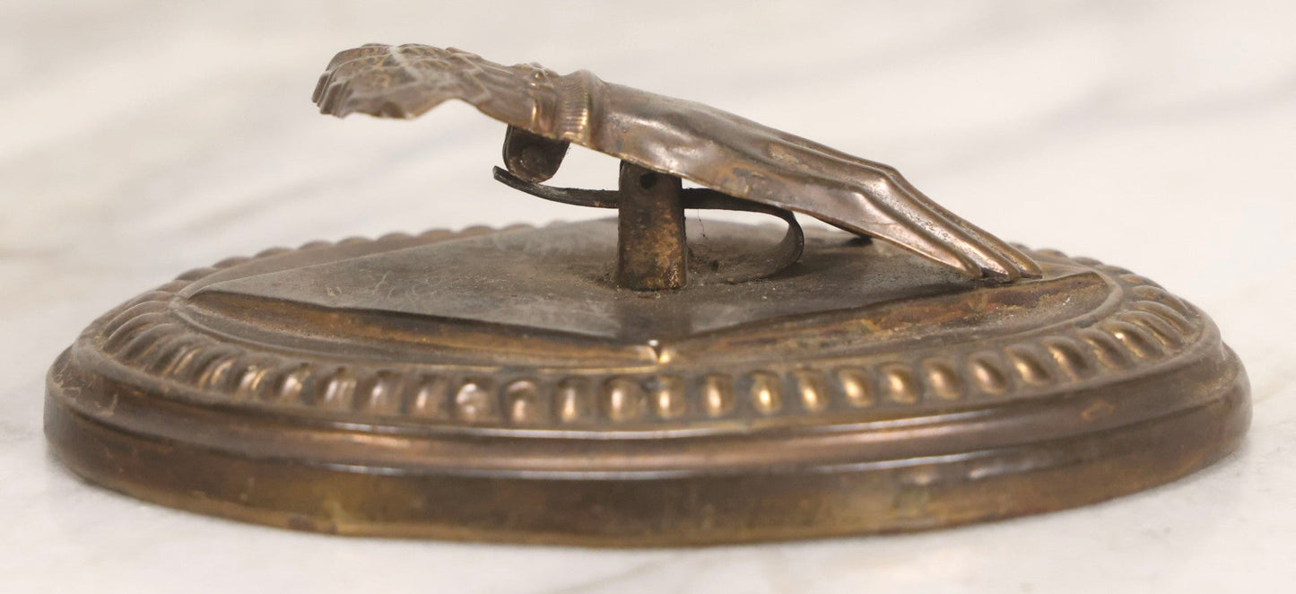 Lot 013 - Antique Pressed Brass Hand-Form Paperweight Clip On Weighted Oval Base, Circa Late 19th Century