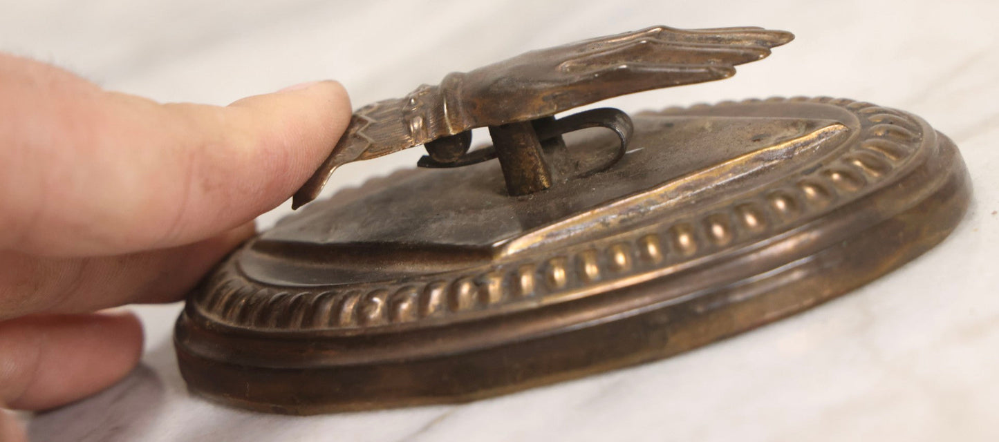 Lot 013 - Antique Pressed Brass Hand-Form Paperweight Clip On Weighted Oval Base, Circa Late 19th Century