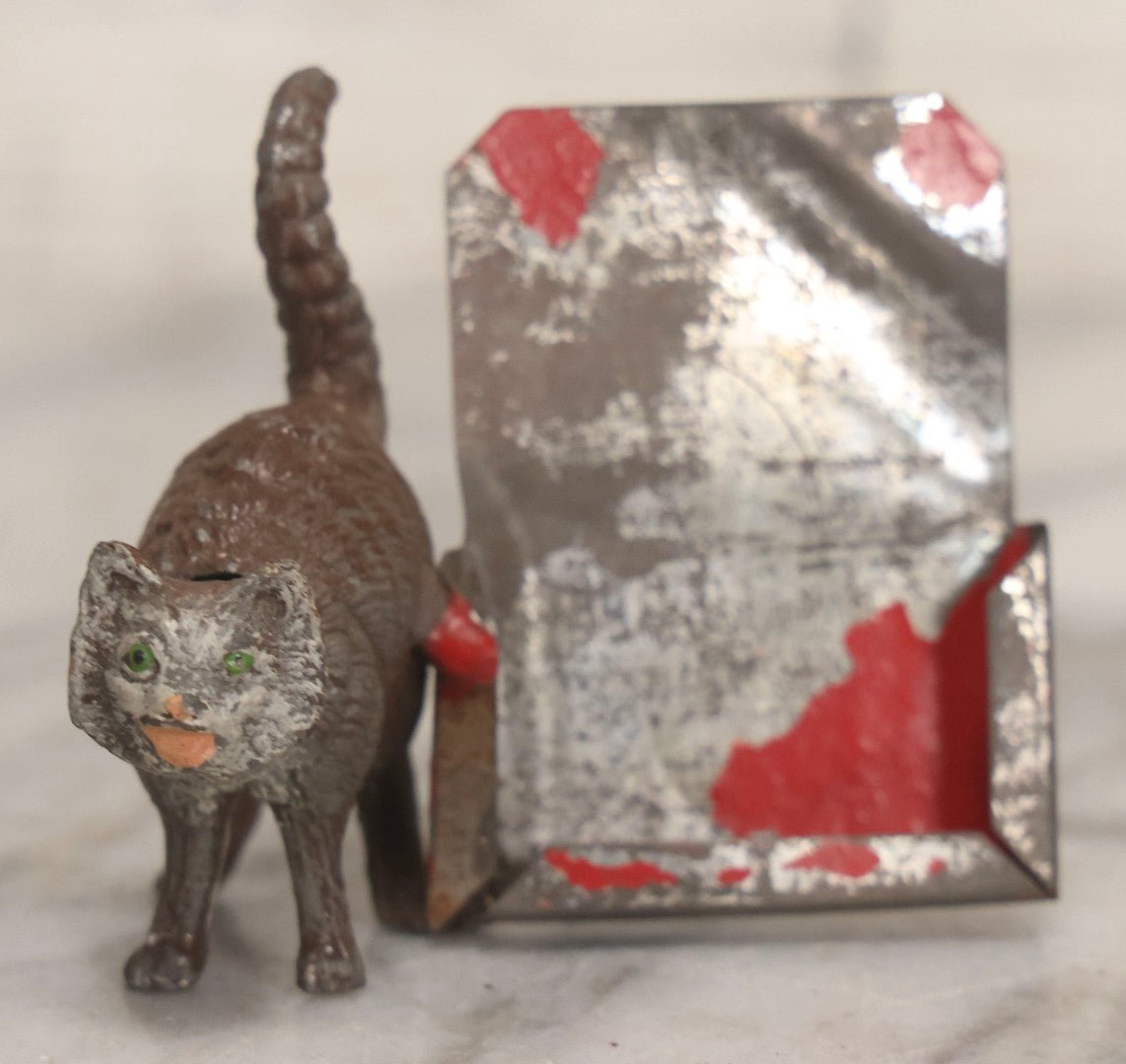 Lot 014 - Antique German Cast Metal Bobble-Head Cat With Card Holder, Cold Painted, 2-3/8" H