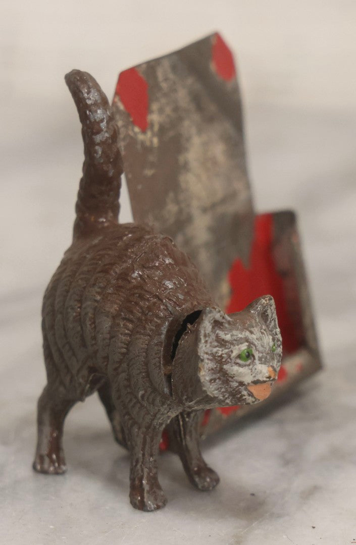 Lot 014 - Antique German Cast Metal Bobble-Head Cat With Card Holder, Cold Painted, 2-3/8" H