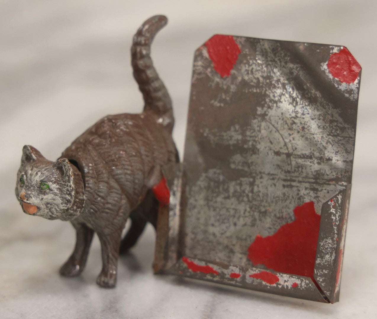 Lot 014 - Antique German Cast Metal Bobble-Head Cat With Card Holder, Cold Painted, 2-3/8" H