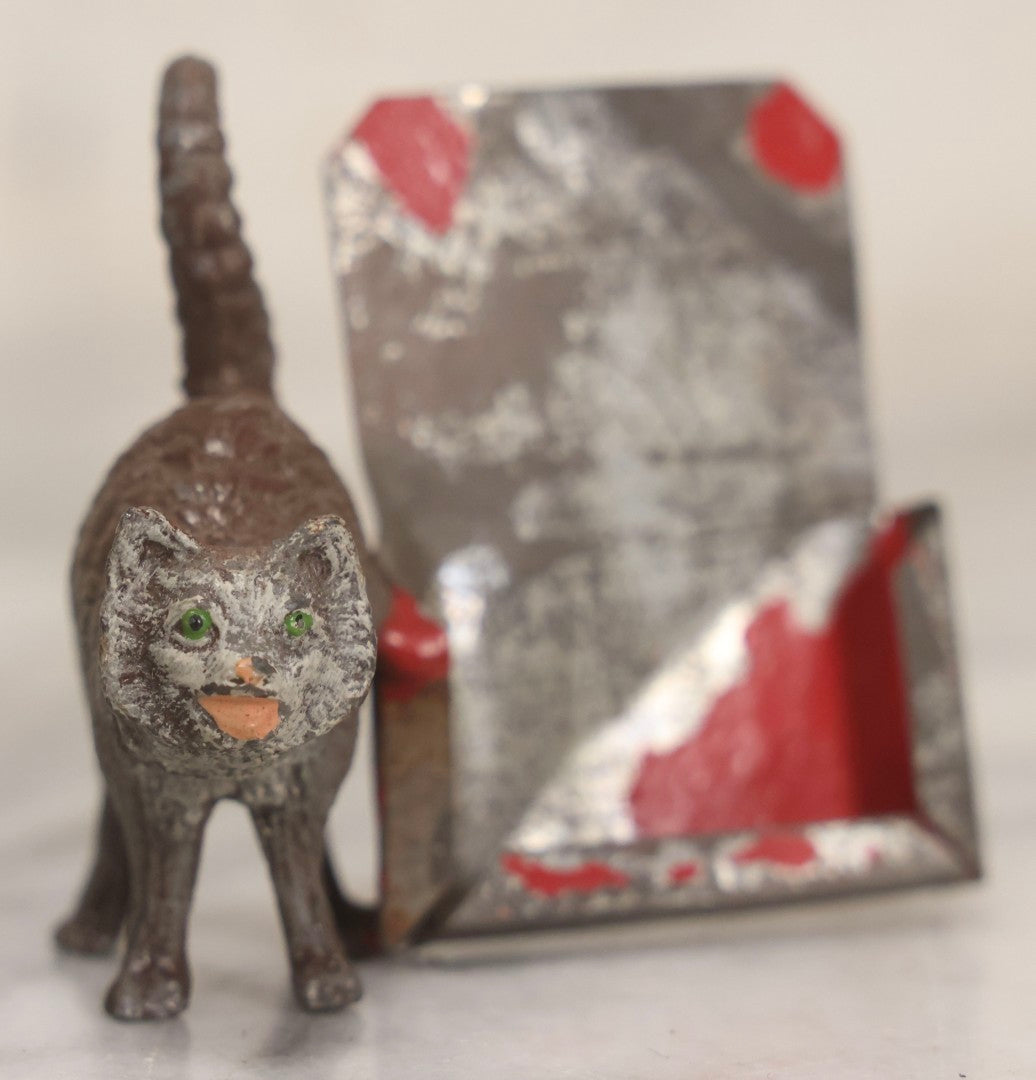 Lot 014 - Antique German Cast Metal Bobble-Head Cat With Card Holder, Cold Painted, 2-3/8" H