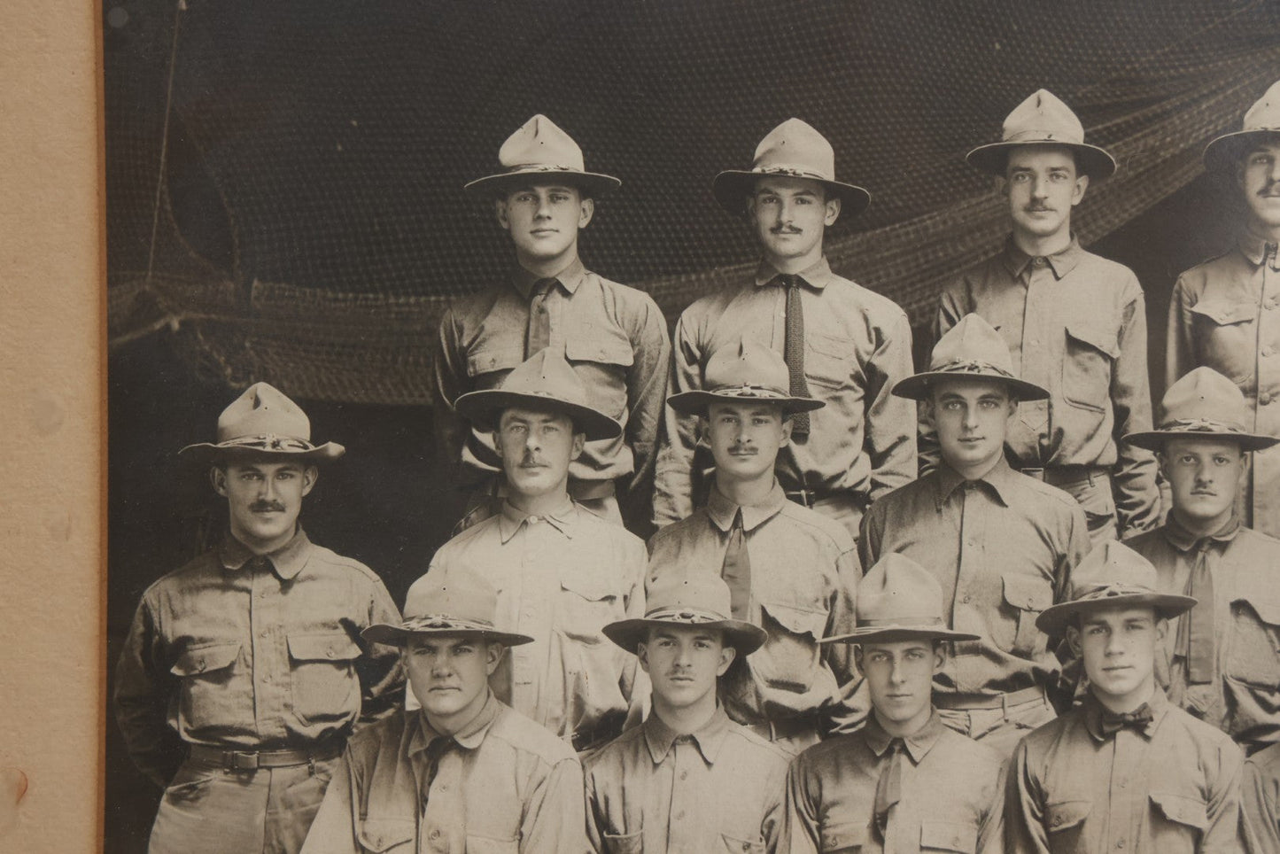 Lot 016 - Antique Boareded Photograph Of U.S. Army Soldiers In Early World War I Service Uniforms With Campaign Hats, Circa 1917–1918, In Frame, 17-5/8" x 13-5/8"