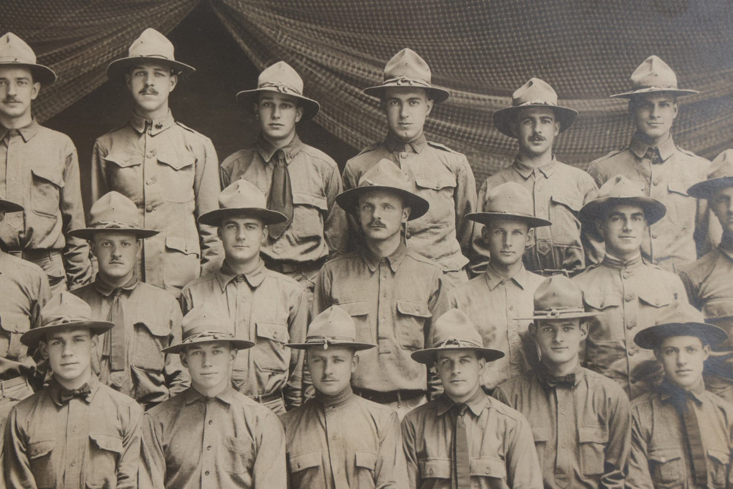 Lot 016 - Antique Boareded Photograph Of U.S. Army Soldiers In Early World War I Service Uniforms With Campaign Hats, Circa 1917–1918, In Frame, 17-5/8" x 13-5/8"