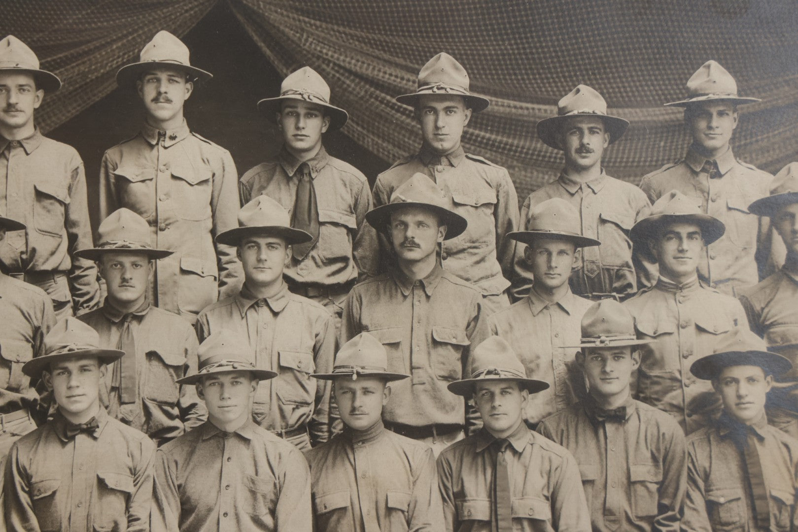 Lot 016 - Antique Boareded Photograph Of U.S. Army Soldiers In Early World War I Service Uniforms With Campaign Hats, Circa 1917–1918, In Frame, 17-5/8" x 13-5/8"