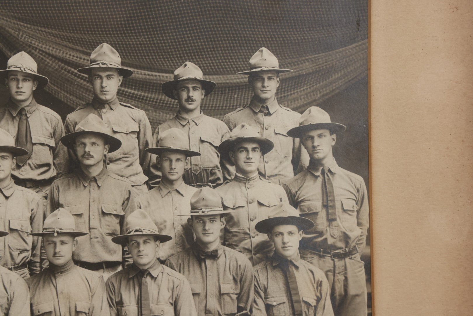 Lot 016 - Antique Boareded Photograph Of U.S. Army Soldiers In Early World War I Service Uniforms With Campaign Hats, Circa 1917–1918, In Frame, 17-5/8" x 13-5/8"