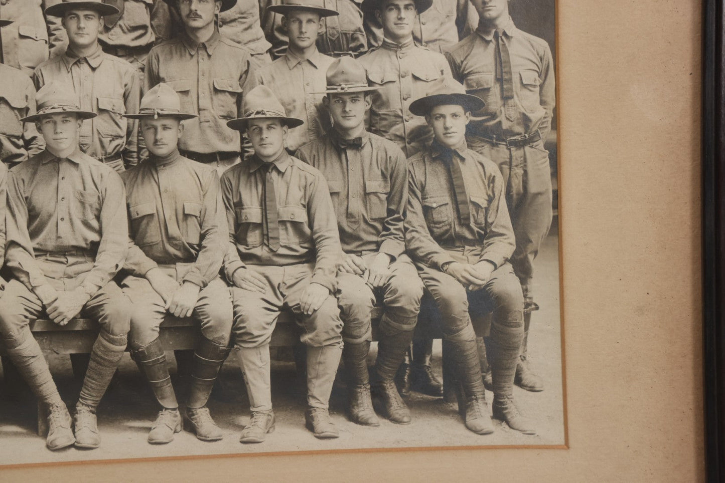 Lot 016 - Antique Boareded Photograph Of U.S. Army Soldiers In Early World War I Service Uniforms With Campaign Hats, Circa 1917–1918, In Frame, 17-5/8" x 13-5/8"