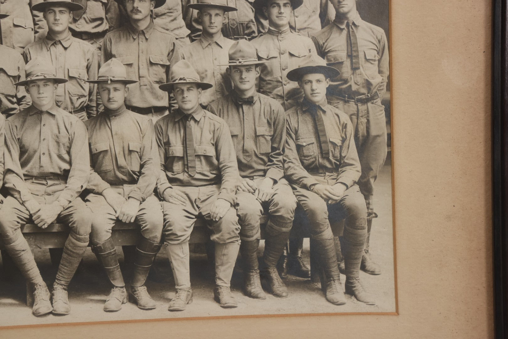 Lot 016 - Antique Boareded Photograph Of U.S. Army Soldiers In Early World War I Service Uniforms With Campaign Hats, Circa 1917–1918, In Frame, 17-5/8" x 13-5/8"