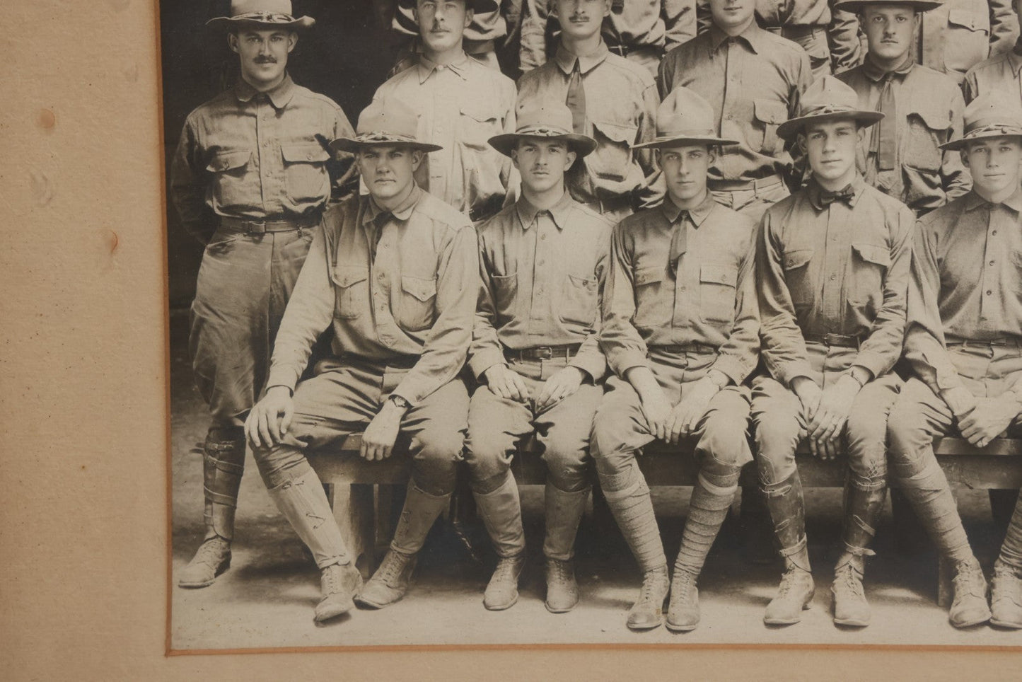 Lot 016 - Antique Boareded Photograph Of U.S. Army Soldiers In Early World War I Service Uniforms With Campaign Hats, Circa 1917–1918, In Frame, 17-5/8" x 13-5/8"