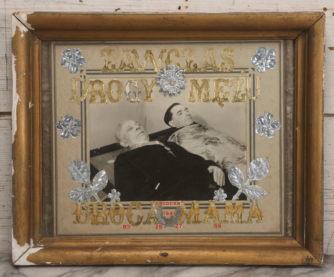 Lot 017 - Antique Polish Postmortem Photograph Assemblage "Zawczaś Drogi Mężu, Droga Mama" (“Too Soon, Dear Husband, Dear Mother”) Memorial, Dated December 1941, 17-3/4" x 14-5/8"