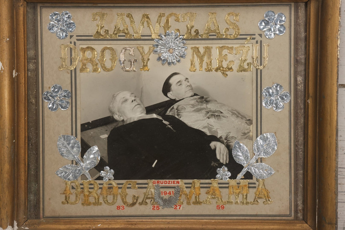 Lot 017 - Antique Polish Postmortem Photograph Assemblage "Zawczaś Drogi Mężu, Droga Mama" (“Too Soon, Dear Husband, Dear Mother”) Memorial, Dated December 1941, 17-3/4" x 14-5/8"