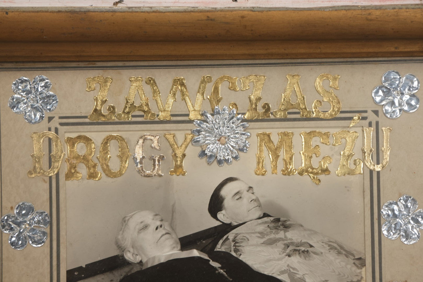 Lot 017 - Antique Polish Postmortem Photograph Assemblage "Zawczaś Drogi Mężu, Droga Mama" (“Too Soon, Dear Husband, Dear Mother”) Memorial, Dated December 1941, 17-3/4" x 14-5/8"