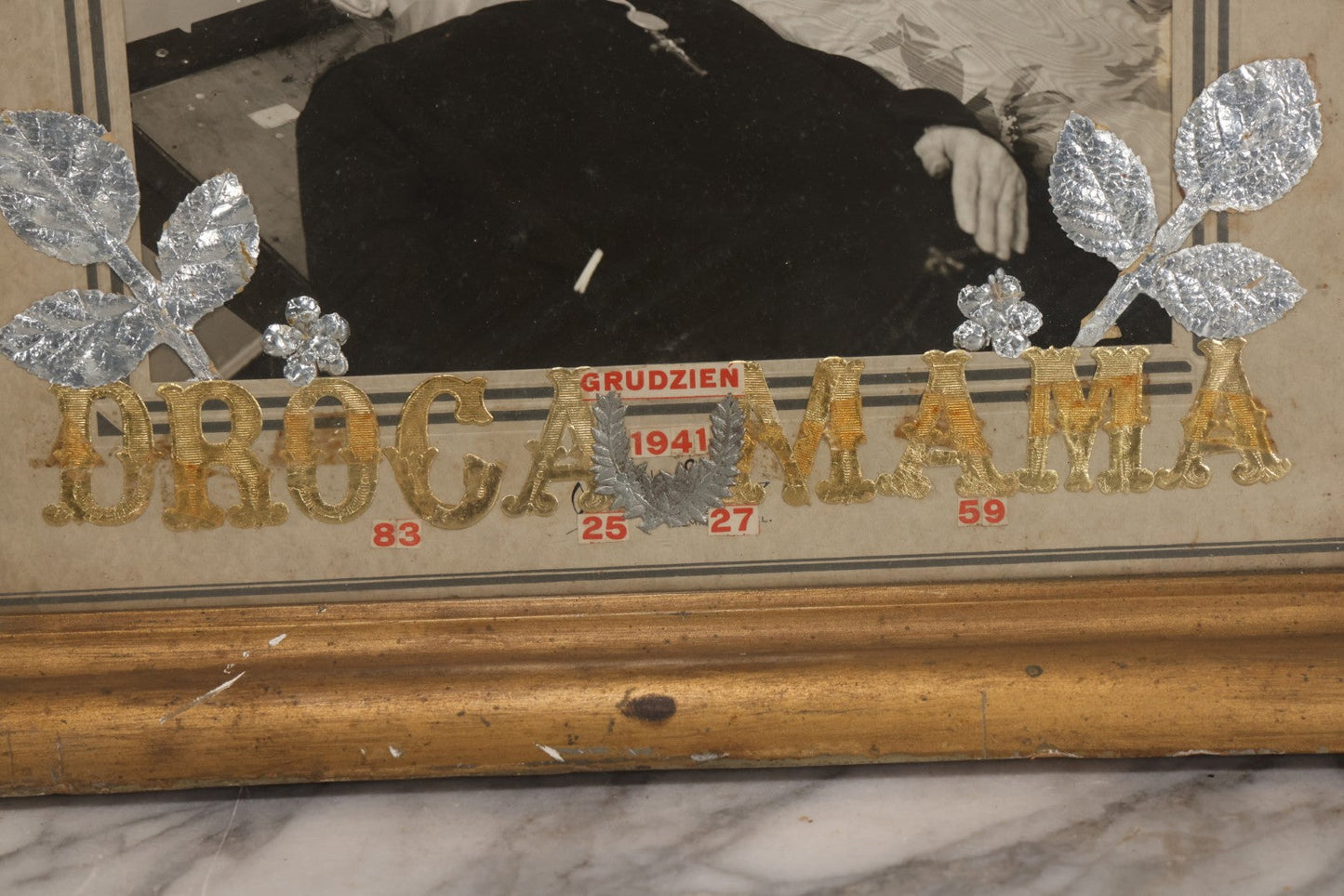 Lot 017 - Antique Polish Postmortem Photograph Assemblage "Zawczaś Drogi Mężu, Droga Mama" (“Too Soon, Dear Husband, Dear Mother”) Memorial, Dated December 1941, 17-3/4" x 14-5/8"