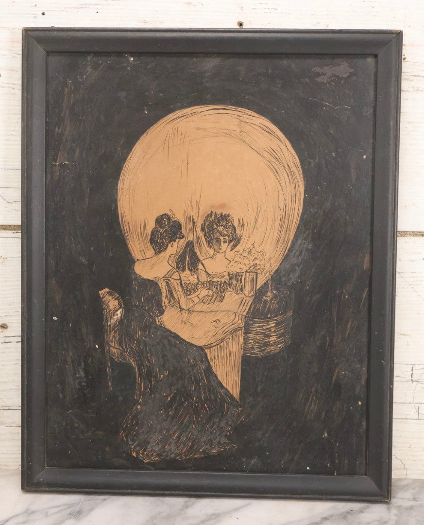 Lot 018 - Antique Pen And Ink Drawing After Charles Allan Gilbert's "All Is Vanity" Metamorphic Skull Illusion Scene, Framed, 12-1/8" x 15-1/8"