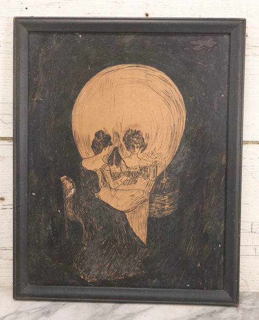 Lot 018 - Antique Pen And Ink Drawing After Charles Allan Gilbert's "All Is Vanity" Metamorphic Skull Illusion Scene, Framed, 12-1/8" x 15-1/8"