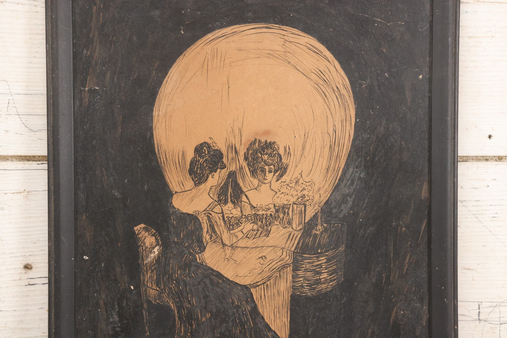 Lot 018 - Antique Pen And Ink Drawing After Charles Allan Gilbert's "All Is Vanity" Metamorphic Skull Illusion Scene, Framed, 12-1/8" x 15-1/8"