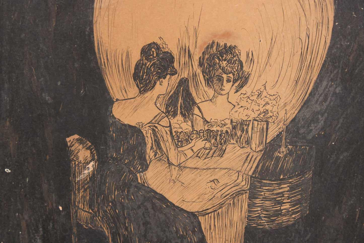 Lot 018 - Antique Pen And Ink Drawing After Charles Allan Gilbert's "All Is Vanity" Metamorphic Skull Illusion Scene, Framed, 12-1/8" x 15-1/8"