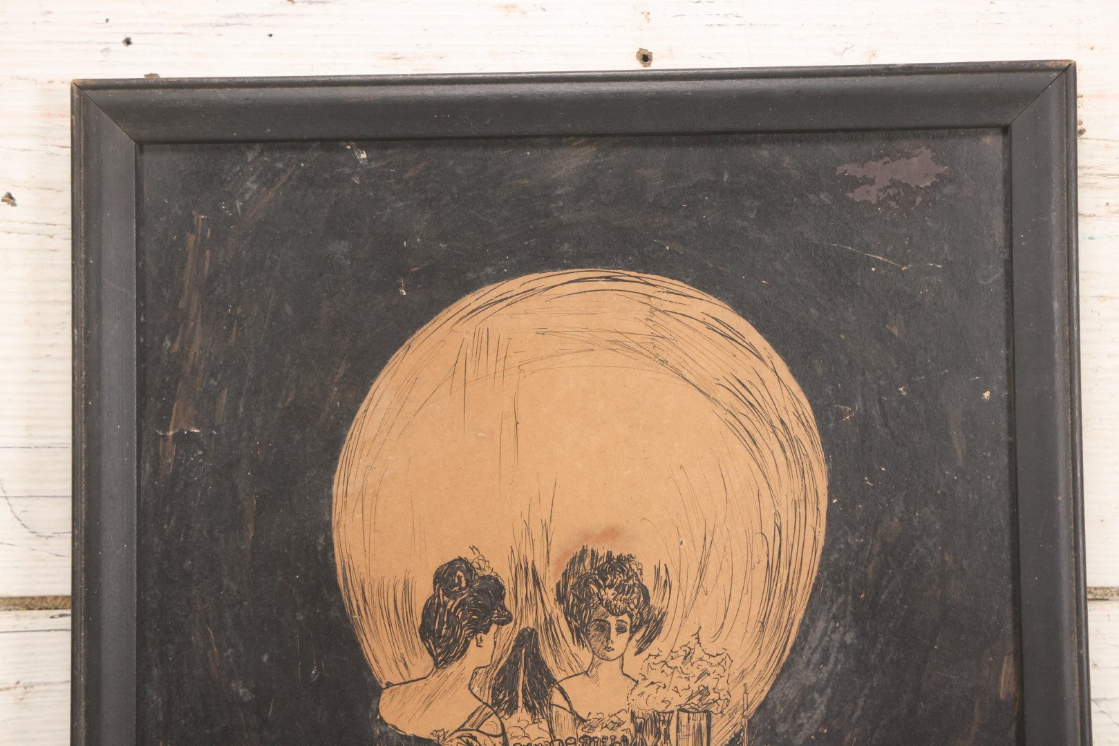 Lot 018 - Antique Pen And Ink Drawing After Charles Allan Gilbert's "All Is Vanity" Metamorphic Skull Illusion Scene, Framed, 12-1/8" x 15-1/8"