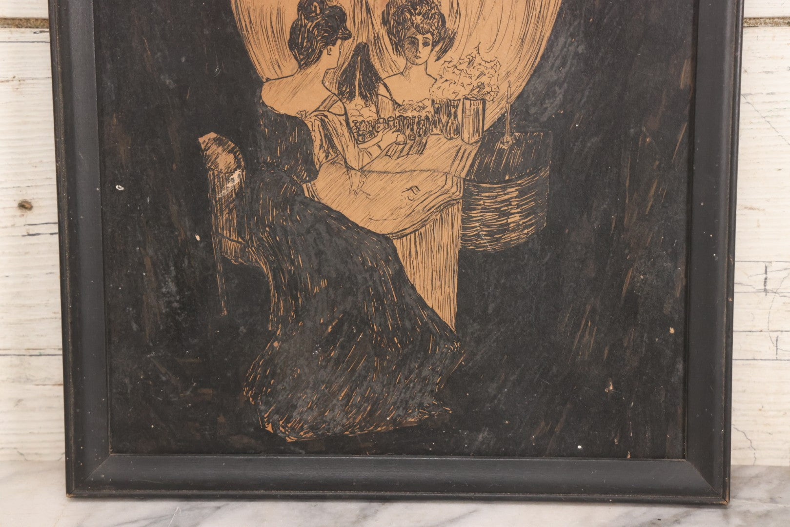 Lot 018 - Antique Pen And Ink Drawing After Charles Allan Gilbert's "All Is Vanity" Metamorphic Skull Illusion Scene, Framed, 12-1/8" x 15-1/8"