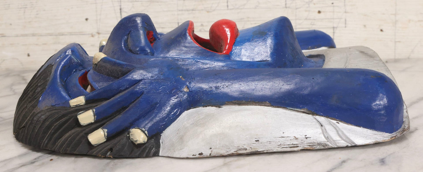 Lot 019 - Vintage Hand-Carved Folk Art Wooden Mask Depicting Blue Man With Hands To Face, Painted Finish, 12-1/4" x 16-3/4"