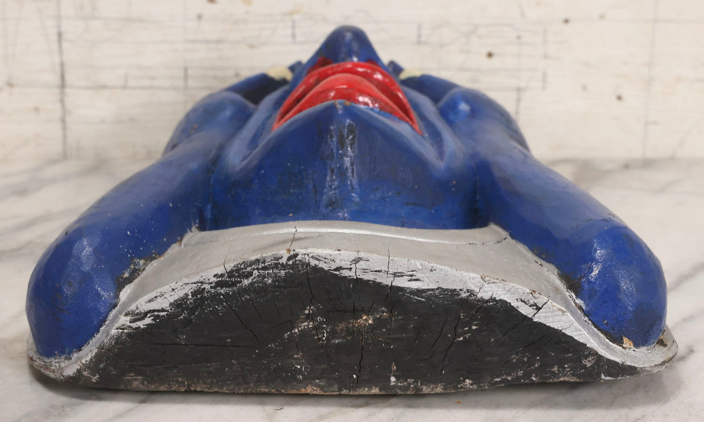 Lot 019 - Vintage Hand-Carved Folk Art Wooden Mask Depicting Blue Man With Hands To Face, Painted Finish, 12-1/4" x 16-3/4"