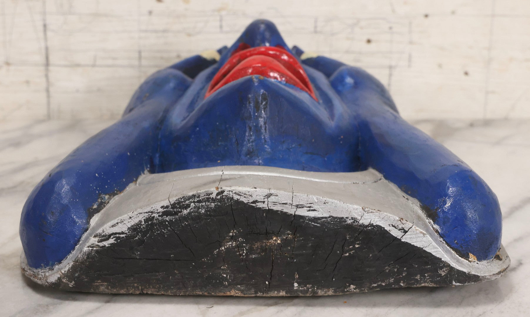 Lot 019 - Vintage Hand-Carved Folk Art Wooden Mask Depicting Blue Man With Hands To Face, Painted Finish, 12-1/4" x 16-3/4"