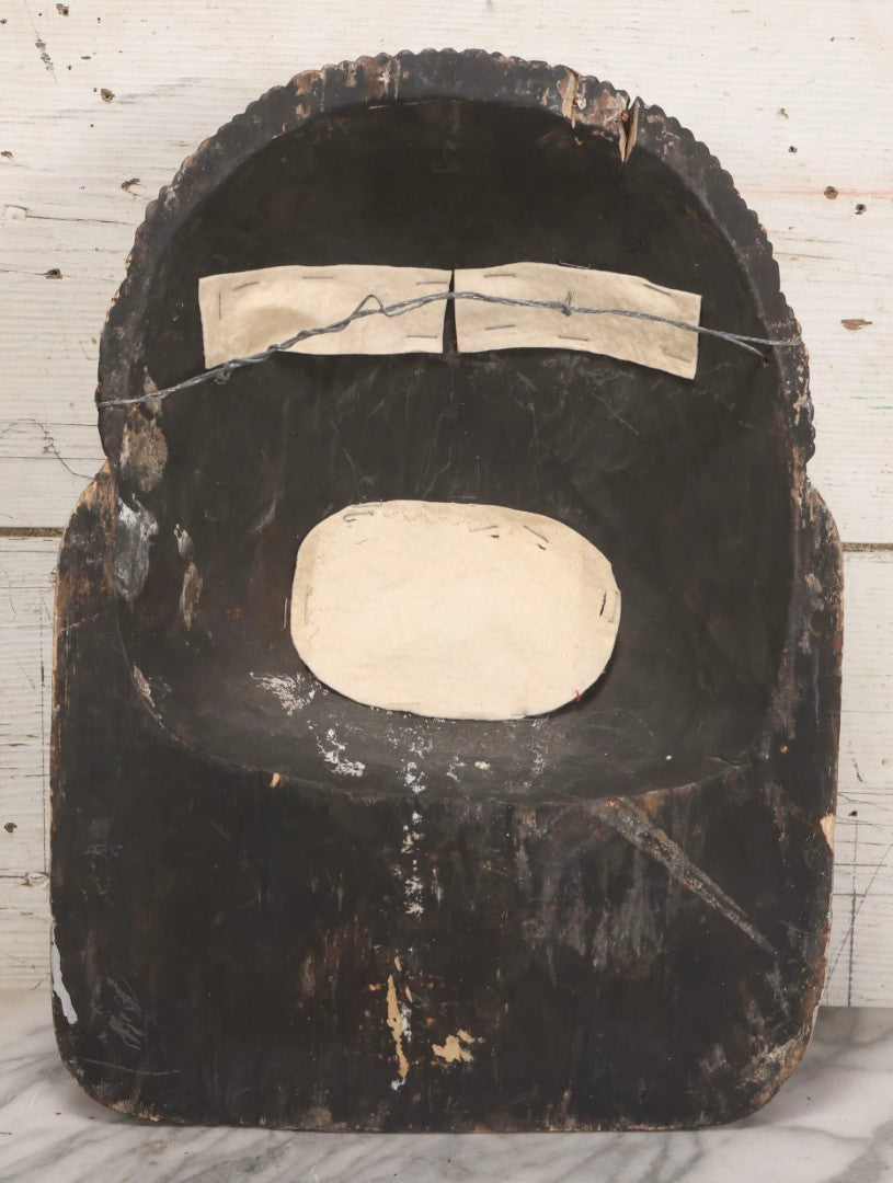 Lot 019 - Vintage Hand-Carved Folk Art Wooden Mask Depicting Blue Man With Hands To Face, Painted Finish, 12-1/4" x 16-3/4"