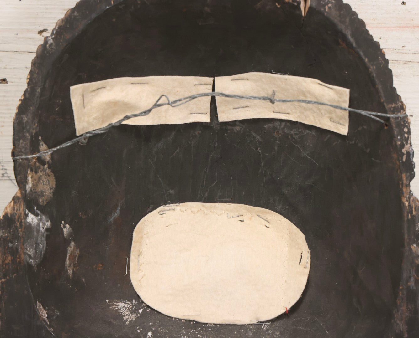 Lot 019 - Vintage Hand-Carved Folk Art Wooden Mask Depicting Blue Man With Hands To Face, Painted Finish, 12-1/4" x 16-3/4"