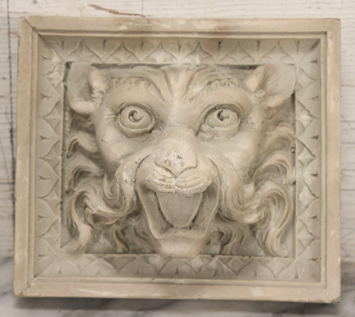 Lot 021 - Vintage Plaster Architectural Relief Plaque With Lion Head Design, 8-1/4" x 7-1/4"