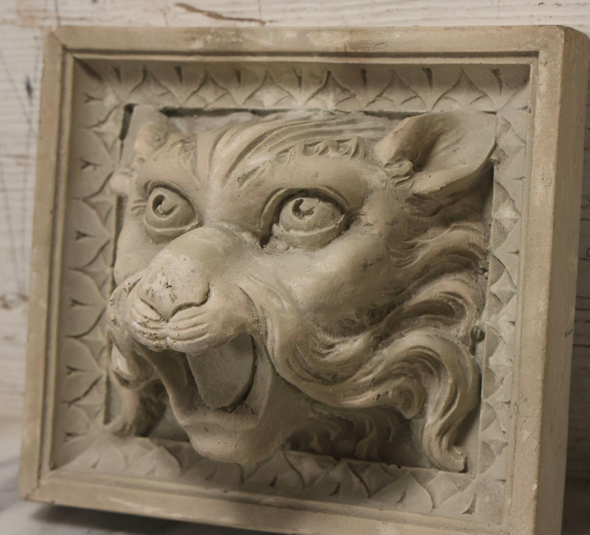 Lot 021 - Vintage Plaster Architectural Relief Plaque With Lion Head Design, 8-1/4" x 7-1/4"