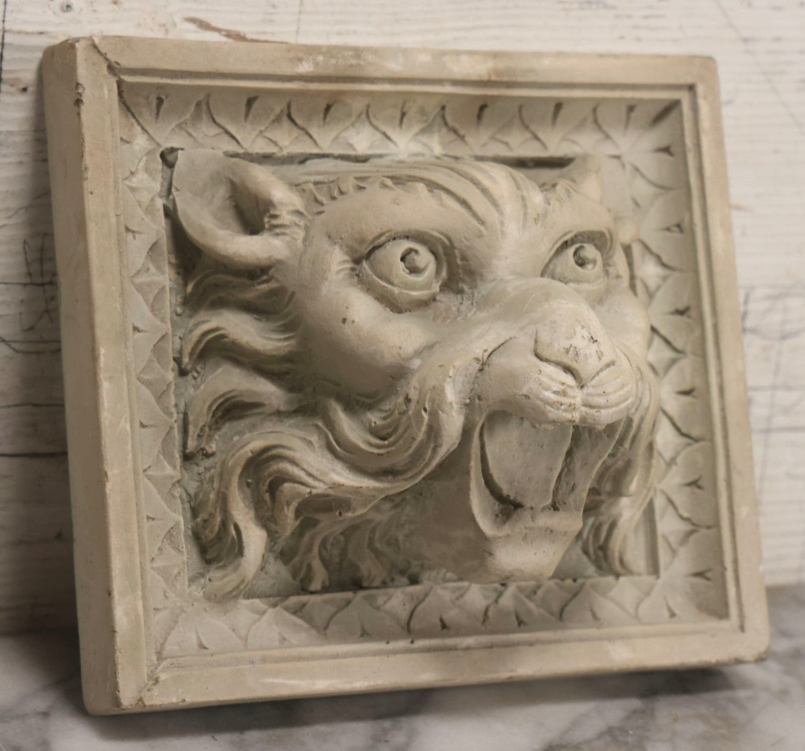 Lot 021 - Vintage Plaster Architectural Relief Plaque With Lion Head Design, 8-1/4" x 7-1/4"