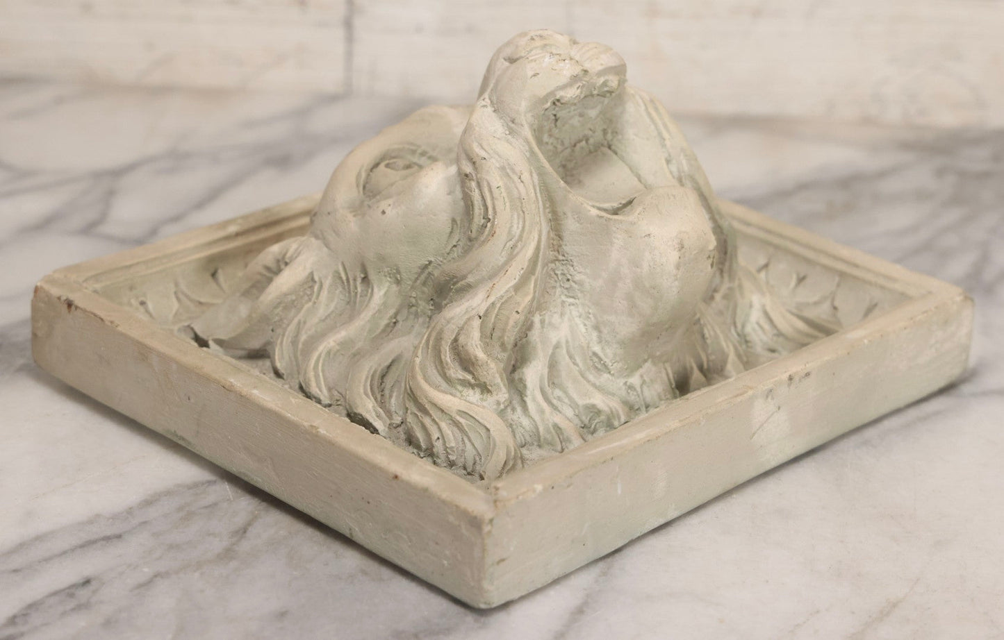 Lot 021 - Vintage Plaster Architectural Relief Plaque With Lion Head Design, 8-1/4" x 7-1/4"