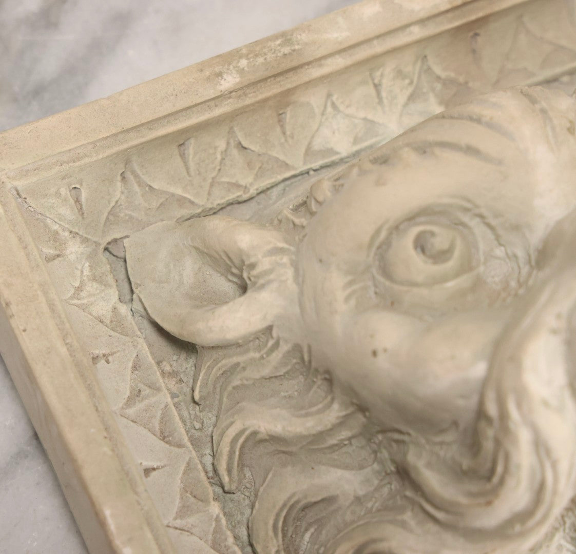Lot 021 - Vintage Plaster Architectural Relief Plaque With Lion Head Design, 8-1/4" x 7-1/4"