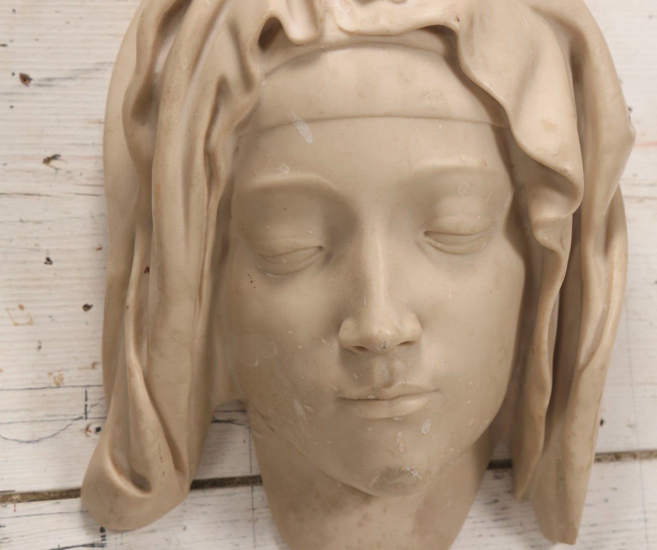 Lot 022 - Vintage Cold Cast Composite Polymer And Marble Wall Sculpture "Head Of The Virgin," Authorized Reproduction Of Michelangelo's Pietà By The Metropolitan Museum Of Art And Vatican Museums, Note Chip To Veil, 13-1/4" H