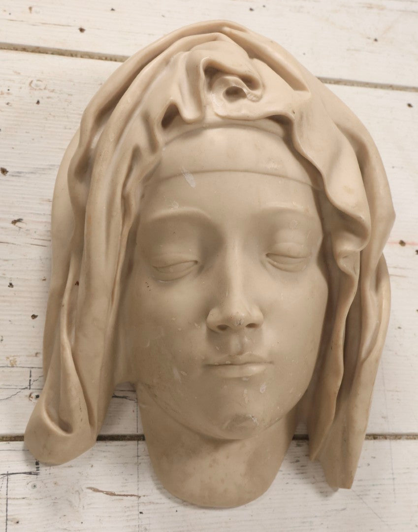 Lot 022 - Vintage Cold Cast Composite Polymer And Marble Wall Sculpture "Head Of The Virgin," Authorized Reproduction Of Michelangelo's Pietà By The Metropolitan Museum Of Art And Vatican Museums, Note Chip To Veil, 13-1/4" H