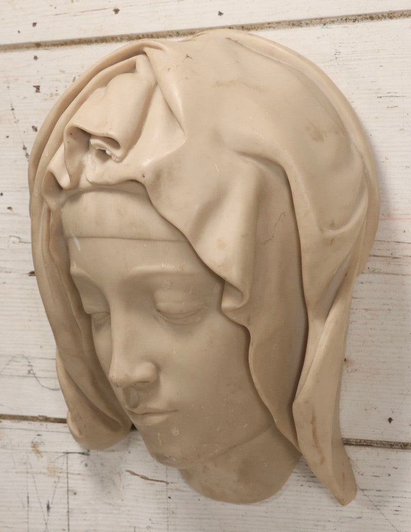 Lot 022 - Vintage Cold Cast Composite Polymer And Marble Wall Sculpture "Head Of The Virgin," Authorized Reproduction Of Michelangelo's Pietà By The Metropolitan Museum Of Art And Vatican Museums, Note Chip To Veil, 13-1/4" H