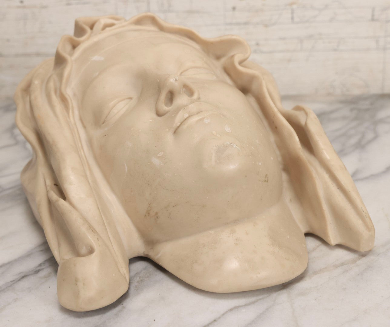 Lot 022 - Vintage Cold Cast Composite Polymer And Marble Wall Sculpture "Head Of The Virgin," Authorized Reproduction Of Michelangelo's Pietà By The Metropolitan Museum Of Art And Vatican Museums, Note Chip To Veil, 13-1/4" H
