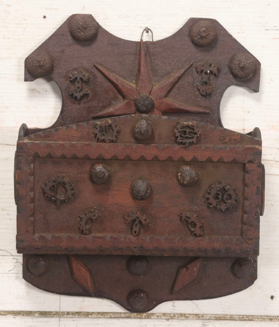 Lot 023 - Antique Folk Art Carved Wood Wall Box With Applied Walnut Shell Decoration, 9-3/4" x 7-3/4"