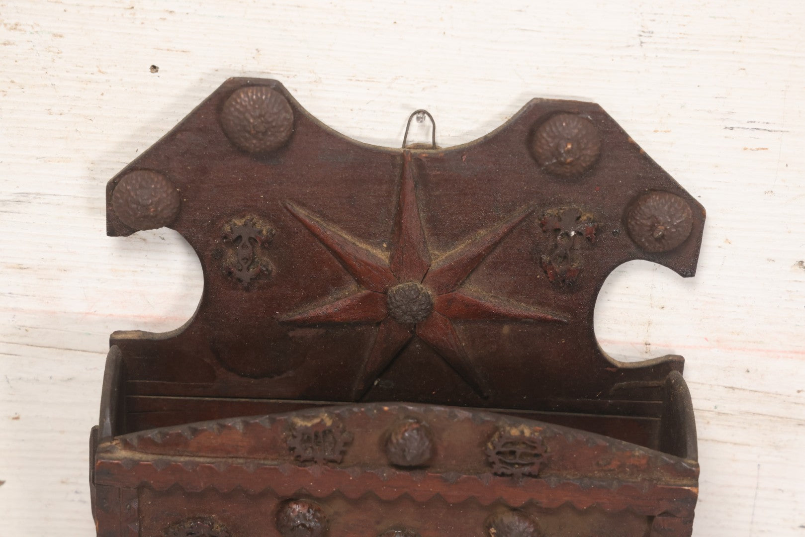Lot 023 - Antique Folk Art Carved Wood Wall Box With Applied Walnut Shell Decoration, 9-3/4" x 7-3/4"