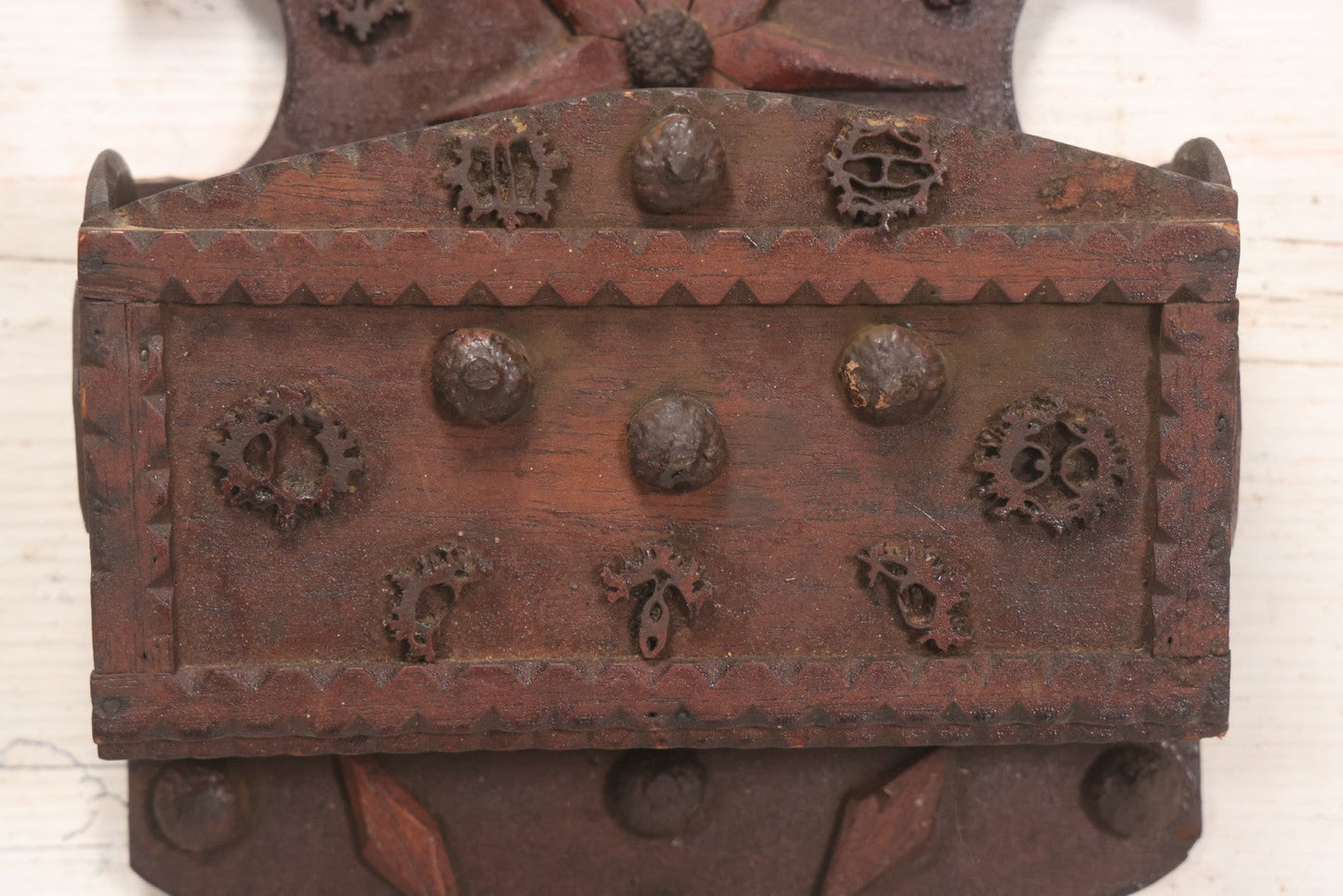 Lot 023 - Antique Folk Art Carved Wood Wall Box With Applied Walnut Shell Decoration, 9-3/4" x 7-3/4"