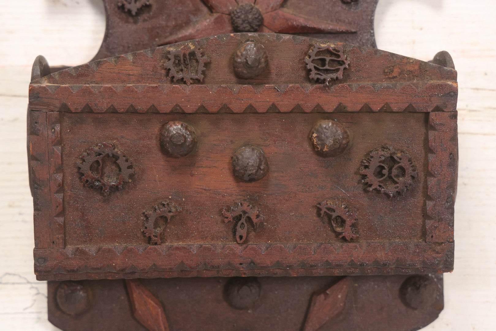 Lot 023 - Antique Folk Art Carved Wood Wall Box With Applied Walnut Shell Decoration, 9-3/4" x 7-3/4"