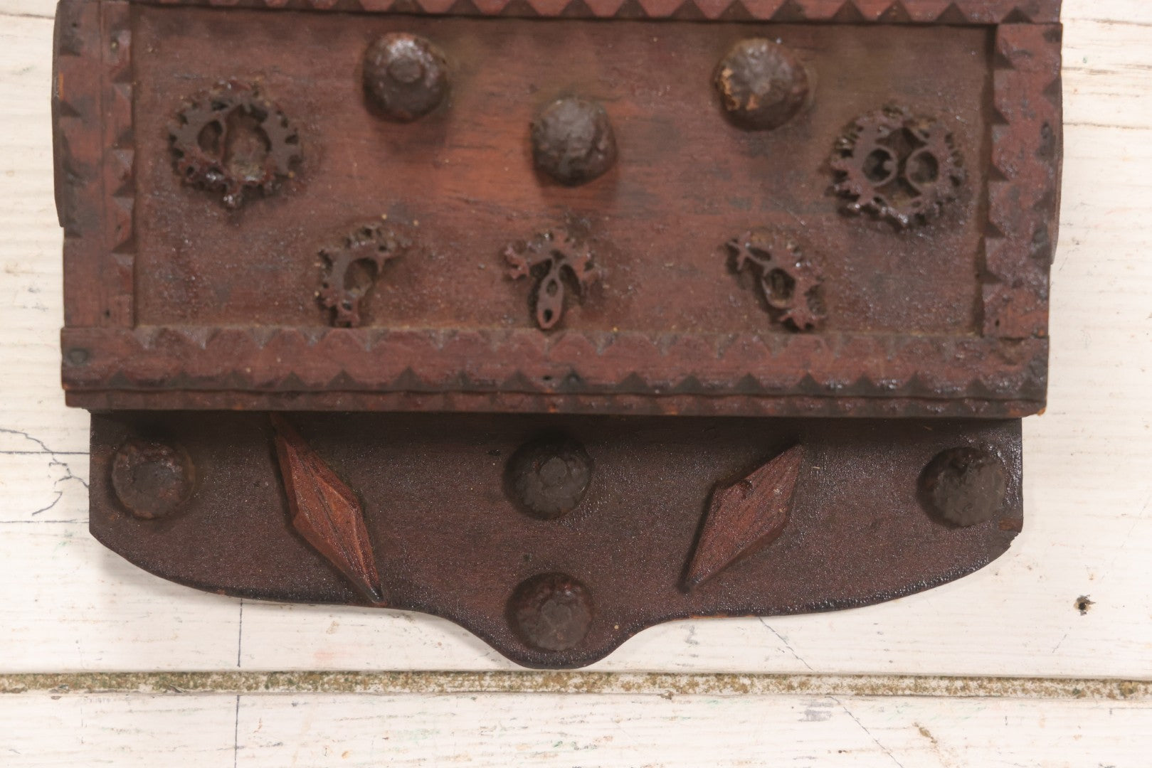 Lot 023 - Antique Folk Art Carved Wood Wall Box With Applied Walnut Shell Decoration, 9-3/4" x 7-3/4"