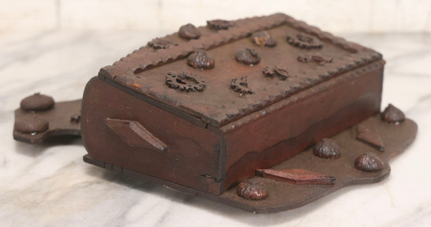 Lot 023 - Antique Folk Art Carved Wood Wall Box With Applied Walnut Shell Decoration, 9-3/4" x 7-3/4"