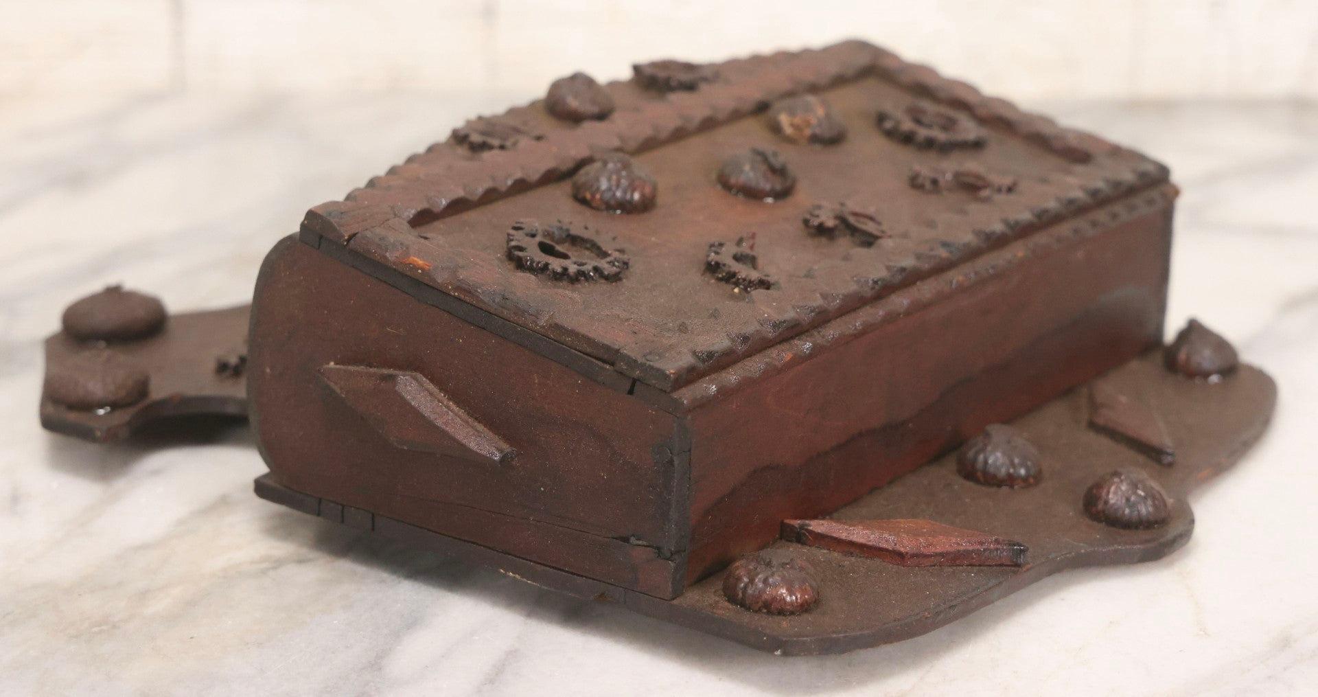 Lot 023 - Antique Folk Art Carved Wood Wall Box With Applied Walnut Shell Decoration, 9-3/4" x 7-3/4"