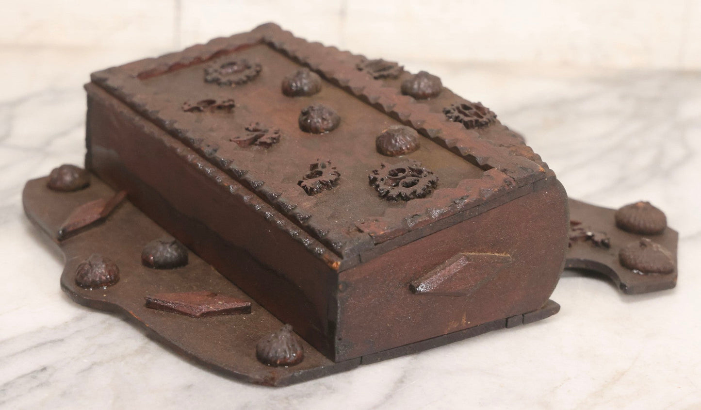 Lot 023 - Antique Folk Art Carved Wood Wall Box With Applied Walnut Shell Decoration, 9-3/4" x 7-3/4"