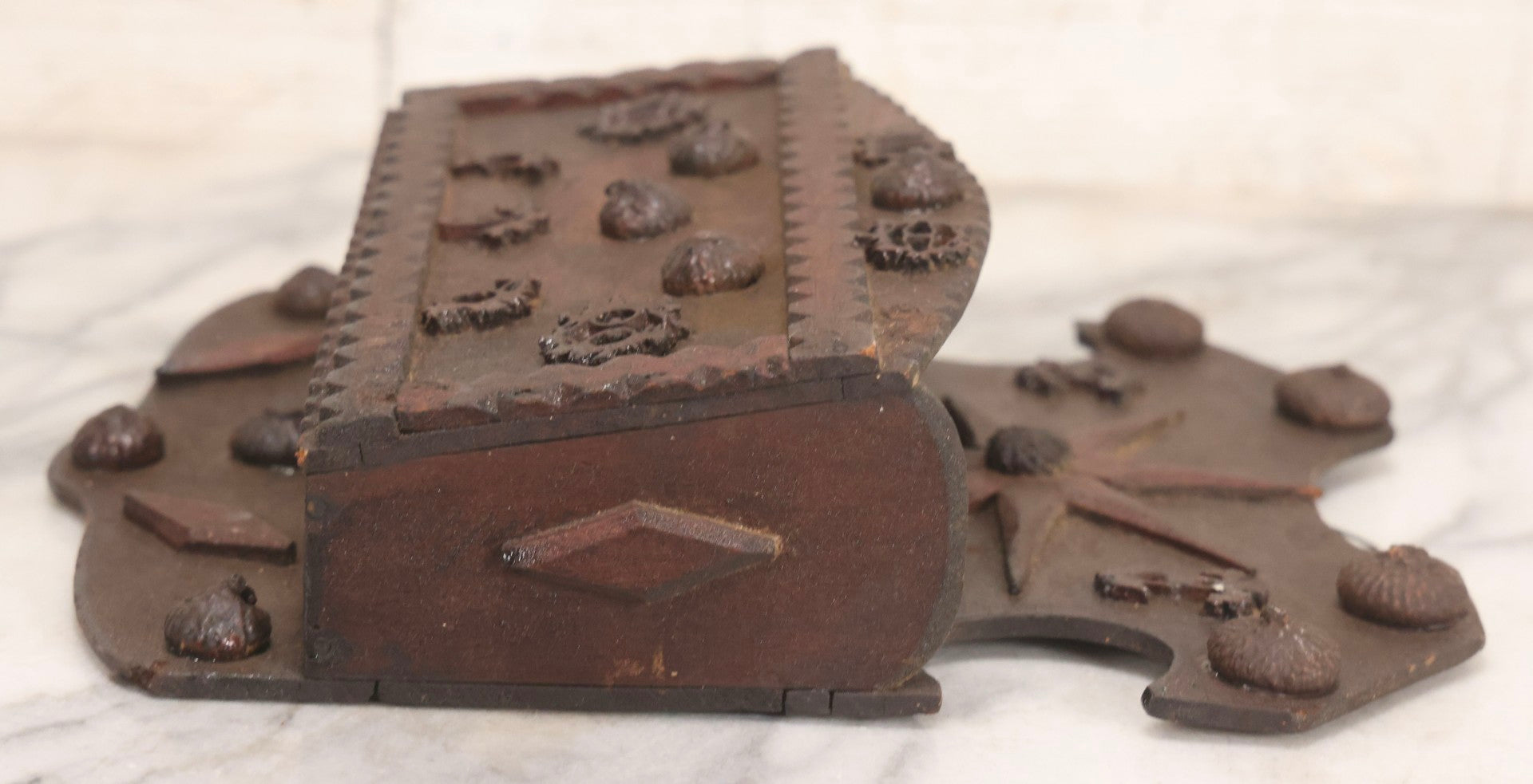 Lot 023 - Antique Folk Art Carved Wood Wall Box With Applied Walnut Shell Decoration, 9-3/4" x 7-3/4"