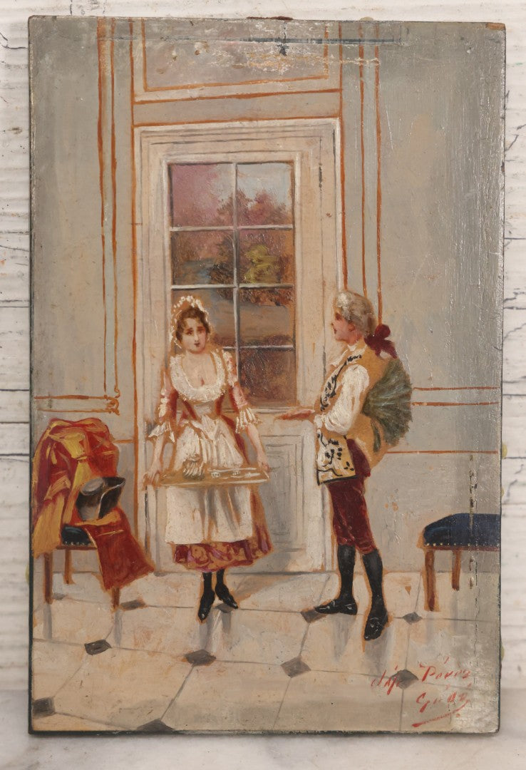 Lot 024 - Antique Miniature Painting On Wood Panel “La Déclaration,” Signed, Interior Scene With Courtiers, 4" x 6"
