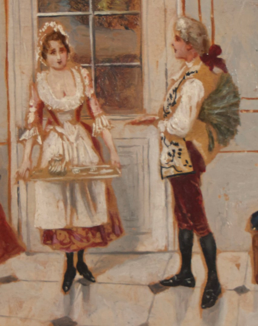 Lot 024 - Antique Miniature Painting On Wood Panel “La Déclaration,” Signed, Interior Scene With Courtiers, 4" x 6"