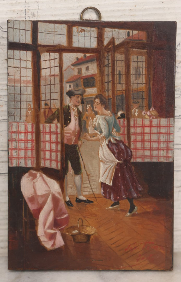 Lot 025 - Antique Miniature Painting On Wood Panel “Le Rendez-Vous,” Signed, Streetfront Scene With Figures, 4" x 6"